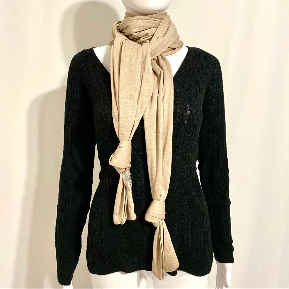 Donni Charm tan scarf w/metallic thread & metal charms